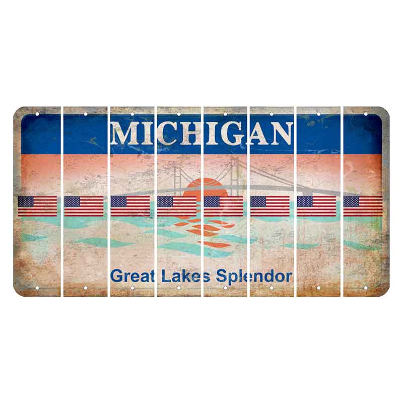 Michigan Great Lakes Splendor Cut License Plate Strips (Set of 8) American Flag