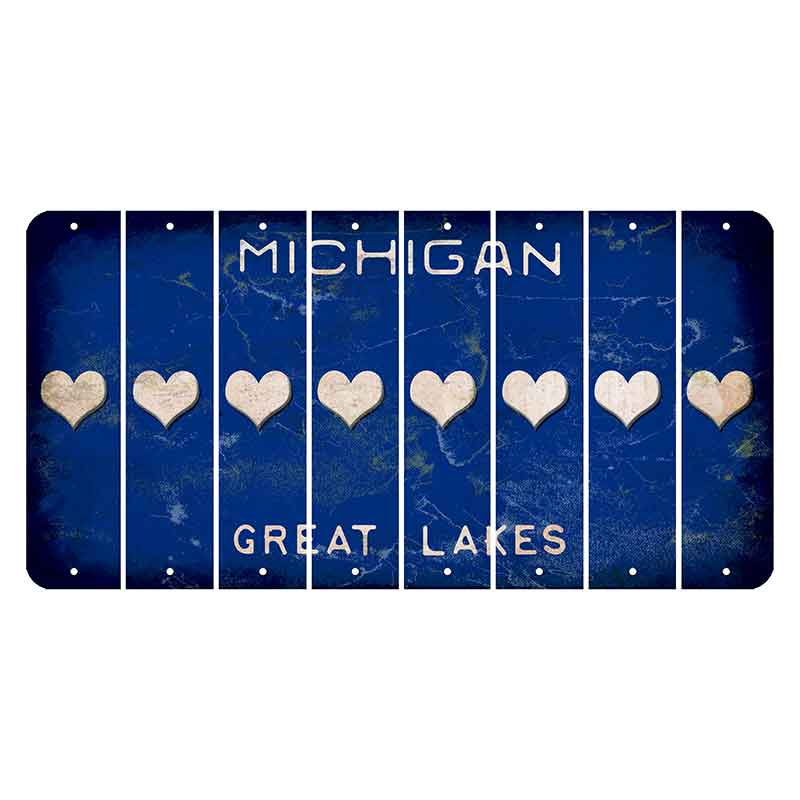 Michigan Blue Great Lakes Cut License Plate Strips (Set of 8) Heart