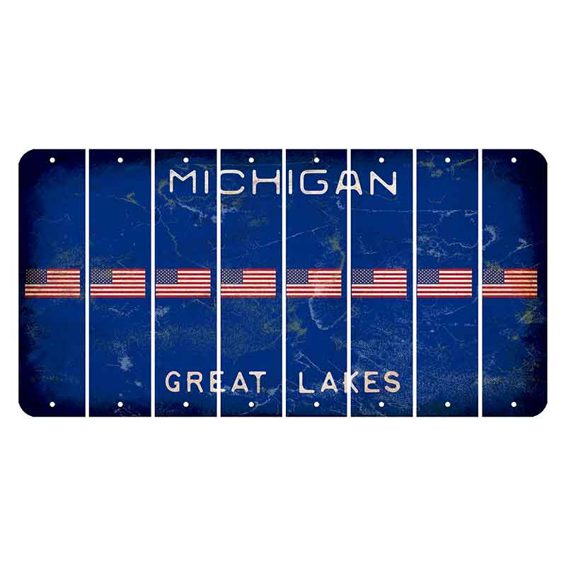 Michigan Blue Great Lakes Cut License Plate Strips (Set of 8) American Flag