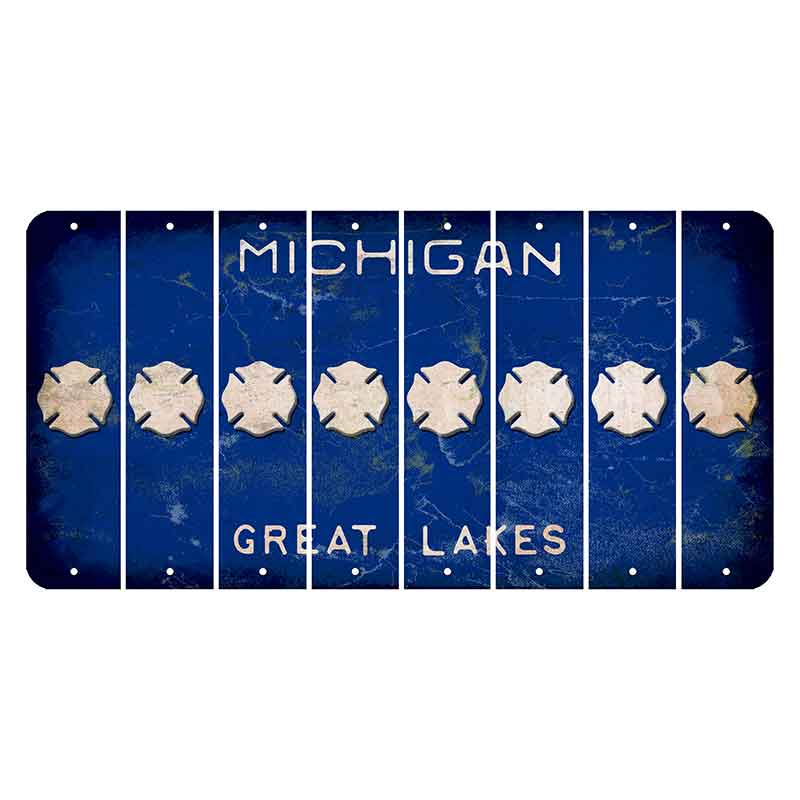 Michigan Blue Great Lakes Cut License Plate Strips (Set of 8) Fire Badge
