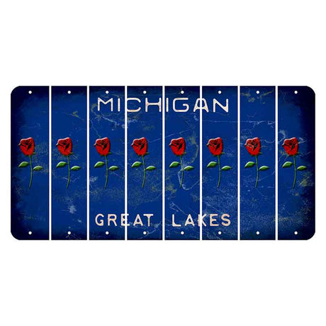 Michigan Blue Great Lakes Cut License Plate Strips (Set of 8) Red Rose