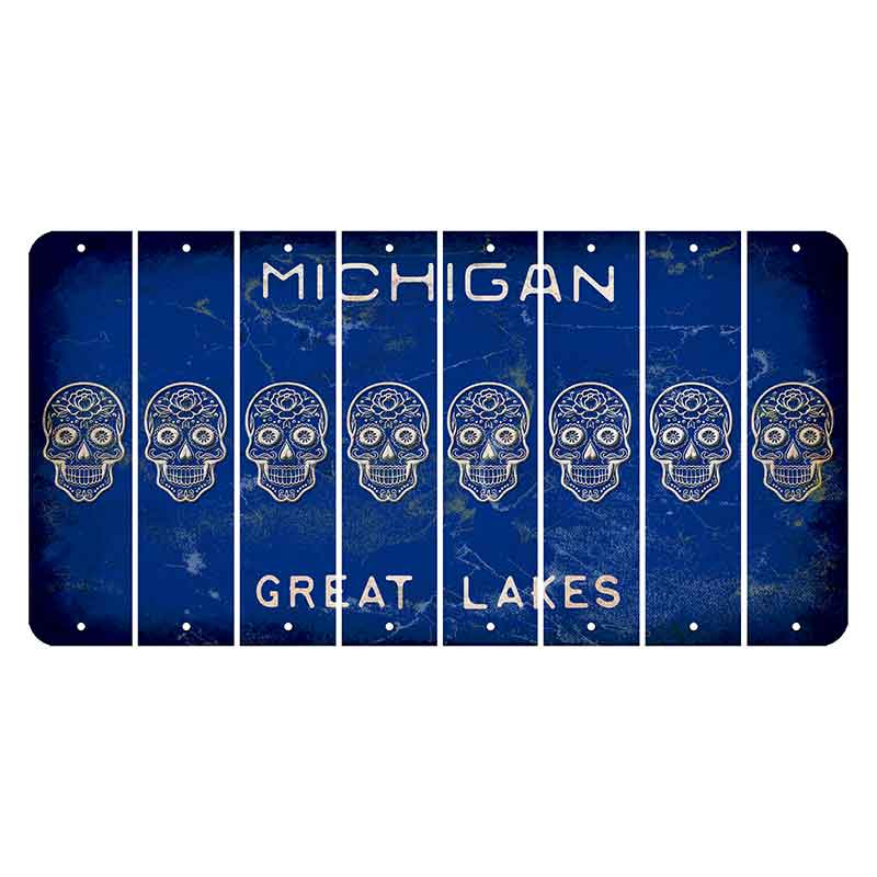 Michigan Blue Great Lakes Cut License Plate Strips (Set of 8) Sugar Skull