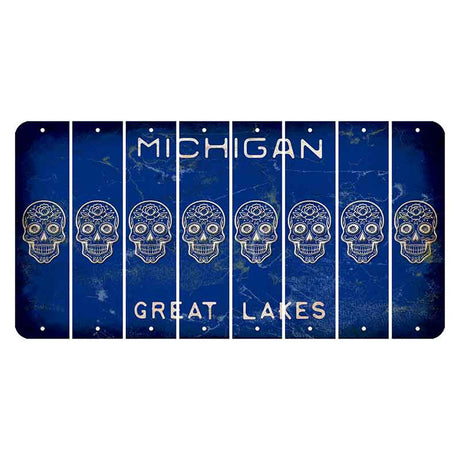 Michigan Blue Great Lakes Cut License Plate Strips (Set of 8) Sugar Skull