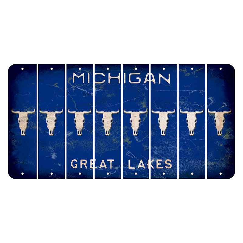 Michigan Blue Great Lakes Cut License Plate Strips (Set of 8) Cow Skull