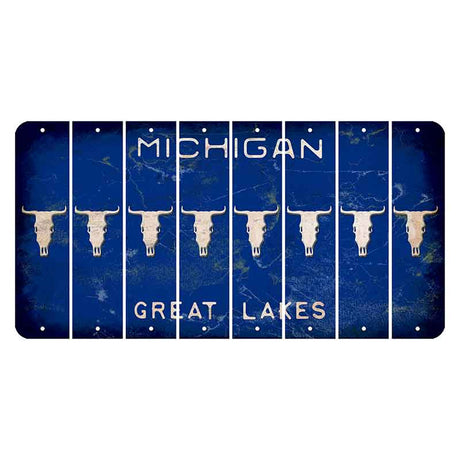 Michigan Blue Great Lakes Cut License Plate Strips (Set of 8) Cow Skull