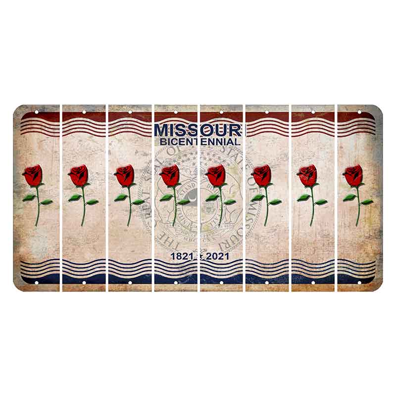 Missouri Bicentennial Cut License Plate Strips (Set of 8) Red Rose