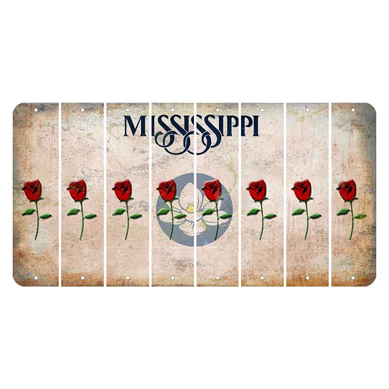 Mississippi Magnolia Blossom Cut License Plate Strips (Set of 8) Red Rose