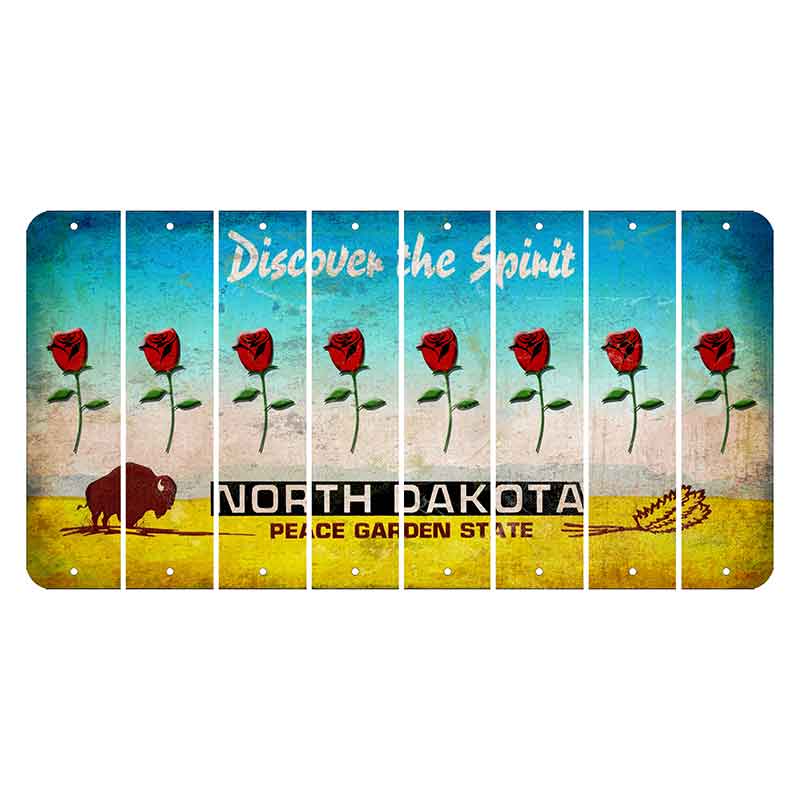 North Dakota Discover the Spirit Cut License Plate Strips (Set of 8) Red Rose