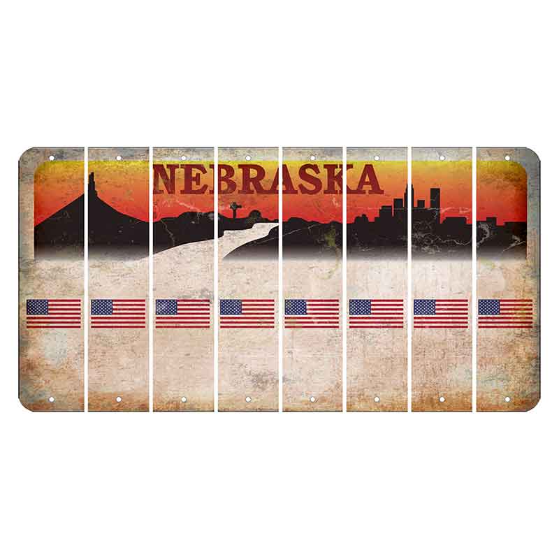 Nebraska Chimney Rock and Skyline Cut License Plate Strips (Set of 8) American Flag