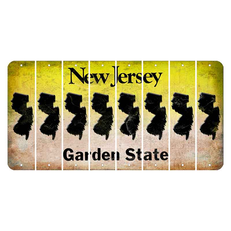 New Jersey Yellow Garden State Cut License Plate Strips (Set of 8) State Silhouette