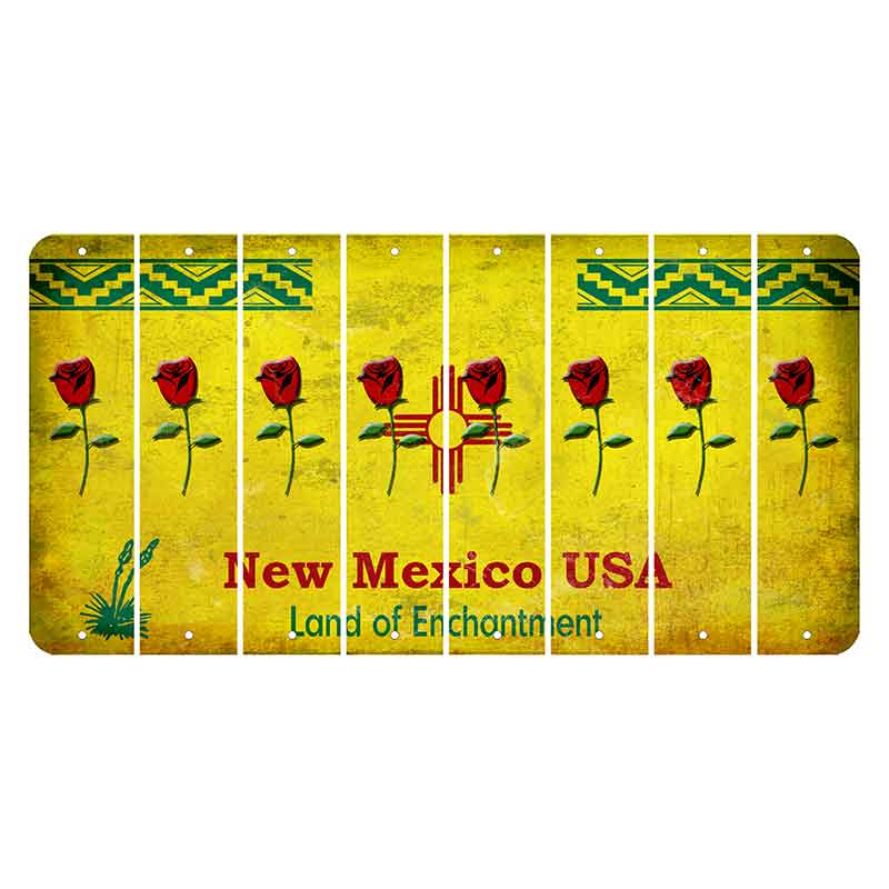 New Mexico USA Yellow Cut License Plate Strips (Set of 8) Red Rose