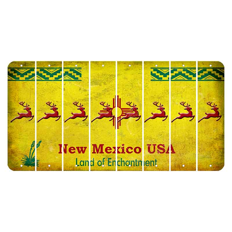 New Mexico USA Yellow Cut License Plate Strips (Set of 8) Reindeer