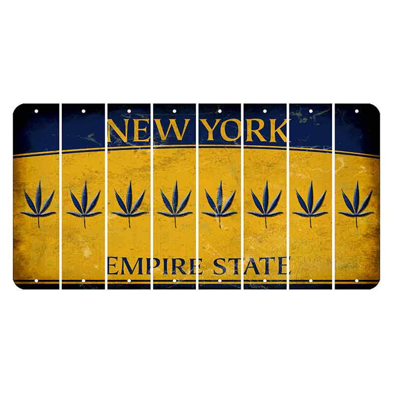 New York Yellow Empire State Cut License Plate Strips (Set of 8) Pot Leaf