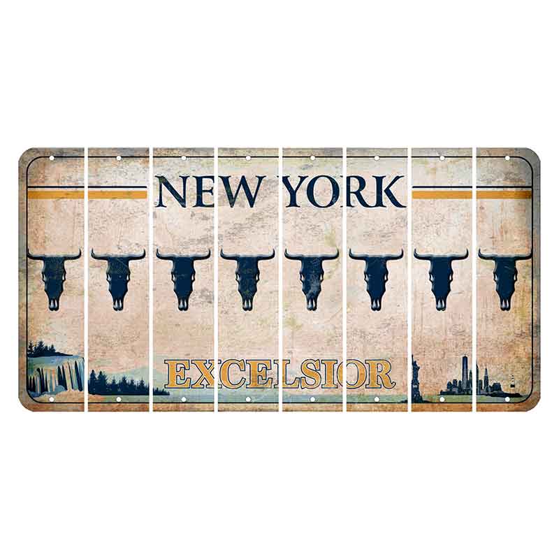 New York Excelsior Cut License Plate Strips (Set of 8) Cow Skull