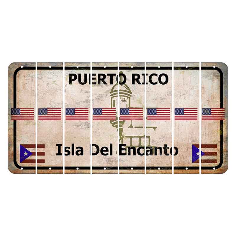 Puerto Rico White Isla Del Encanto Cut License Plate Strips (Set of 8) American Flag