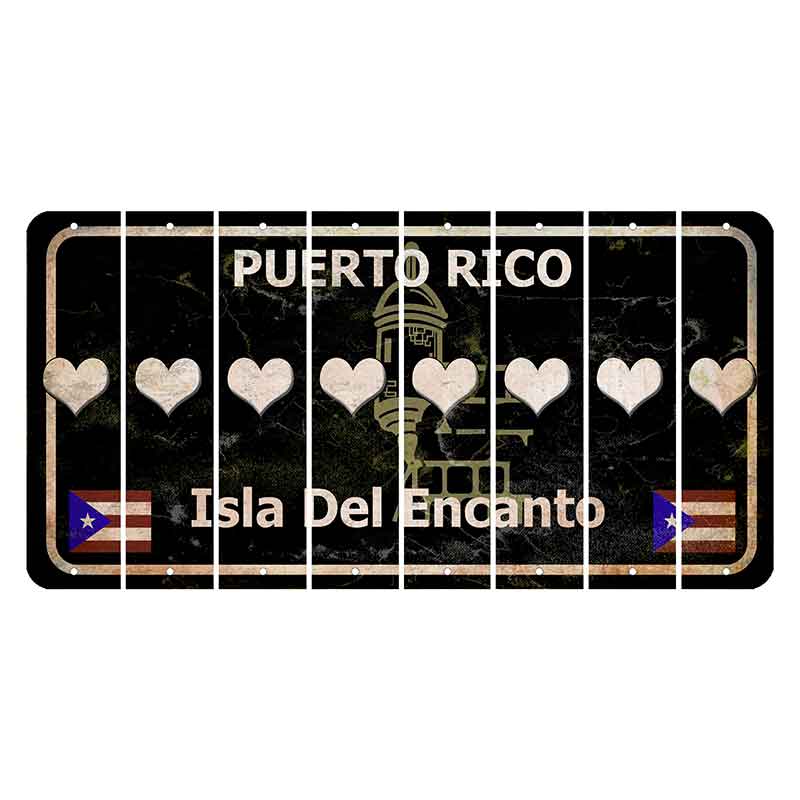 Puerto Rico Black Isla Del Encanto Cut License Plate Strips (Set of 8) Heart