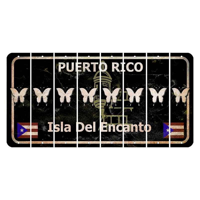 Puerto Rico Black Isla Del Encanto Cut License Plate Strips (Set of 8) Butterfly