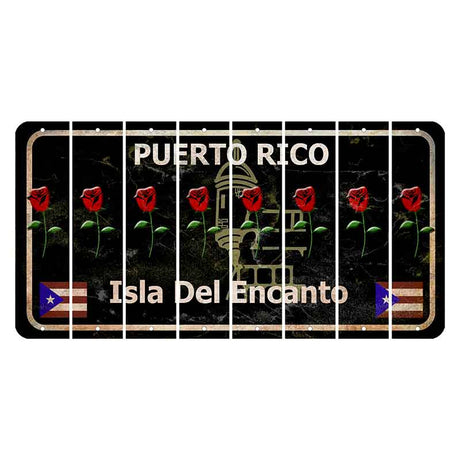 Puerto Rico Black Isla Del Encanto Cut License Plate Strips (Set of 8) Red Rose