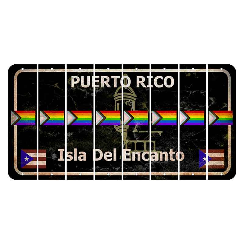 Puerto Rico Black Isla Del Encanto Cut License Plate Strips (Set of 8) LGBTQ Flag