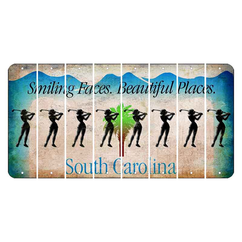 South Carolina Smiling Faces Cut License Plate Strips (Set of 8) Female Golfer