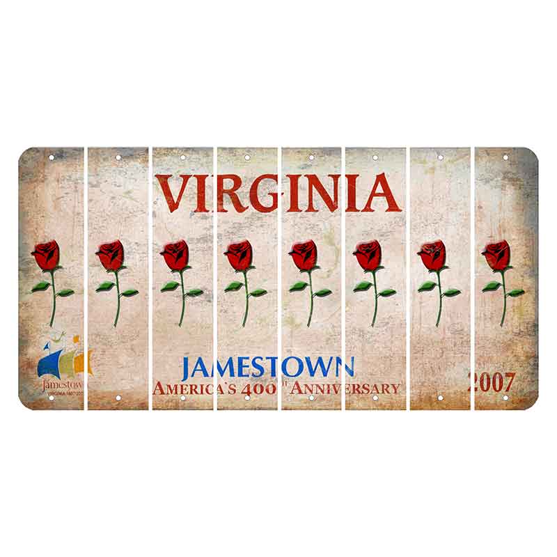 Virginia Jamestown Cut License Plate Strips (Set of 8) Red Rose