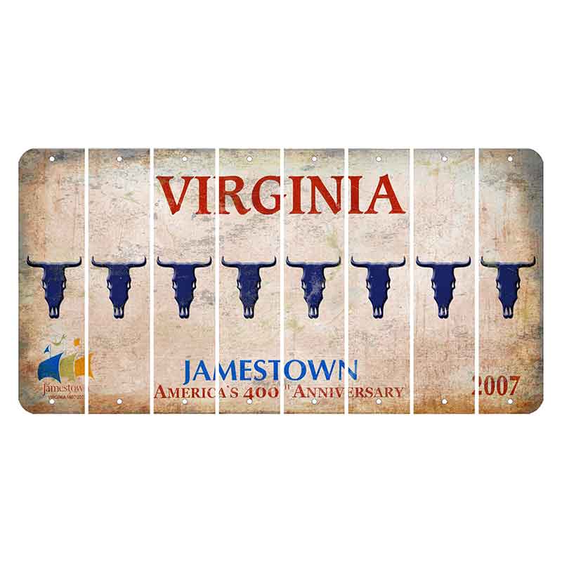 Virginia Jamestown Cut License Plate Strips (Set of 8) Cow Skull