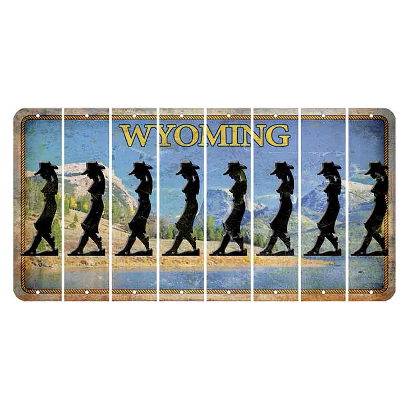 Wyoming Squaretop Mountain Cut License Plate Strips (Set of 8) Cowgirl - Leaning