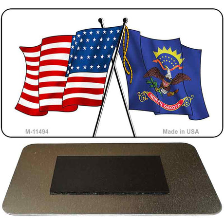 North Dakota Crossed US Flag Novelty Metal Magnet M-11494