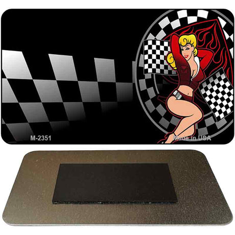 Pinup Girl Checkered Flags Novelty Metal Magnet M-2351