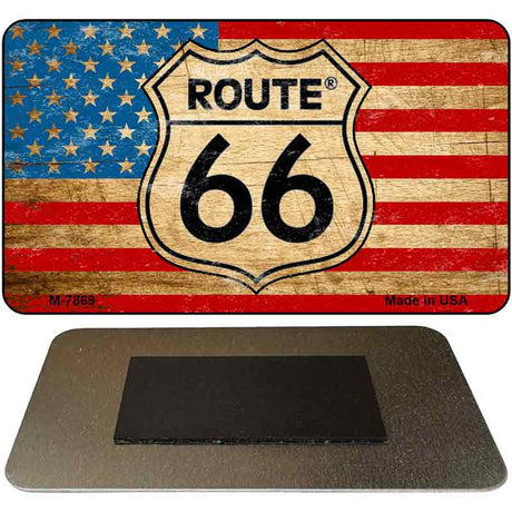 Route 66 American Flag On Wood Novelty Metal Magnet M-7869