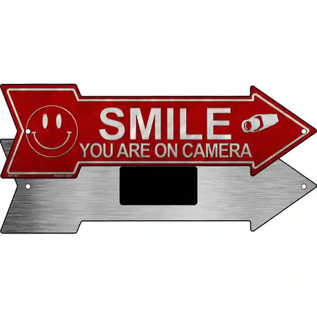 Smile Youre On Camera Novelty Metal Arrow Sign 8" x 2.25" (MA)