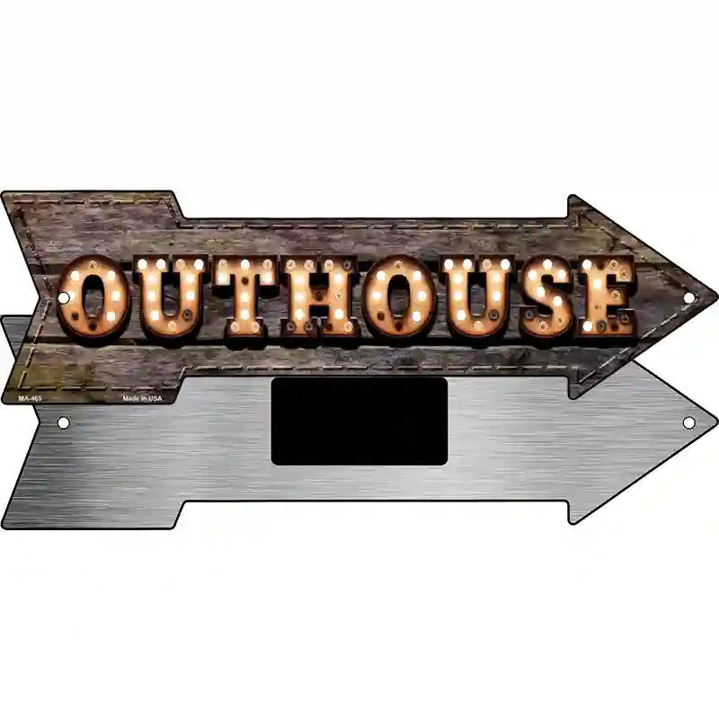 Outhouse Bulb Letters Novelty Metal Arrow Sign 8" x 2.25" (MA)