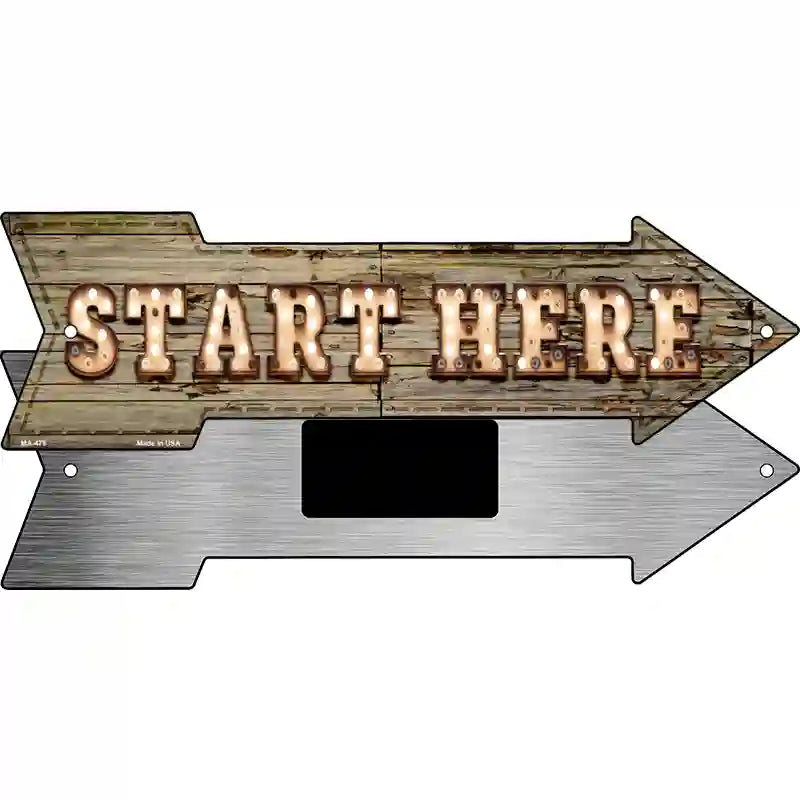 Start Here Bulb Letters Novelty Metal Arrow Sign 8" x 2.25" (MA)