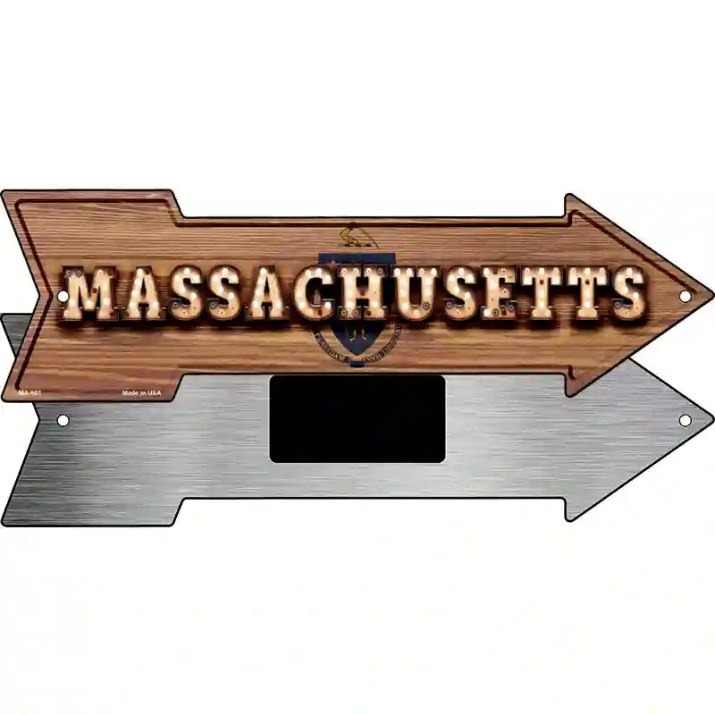 Massachusetts Bulb Lettering With State Flag Novelty Metal Arrow Sign 8" x 2.25" (MA)