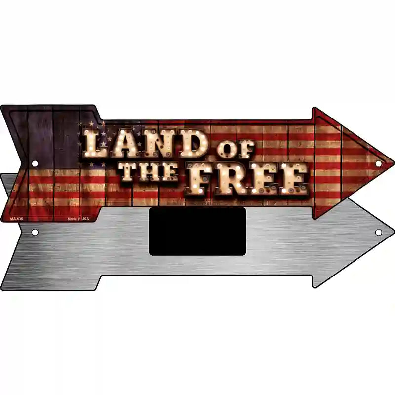 Land of the Free Bulb Letters American Flag Novelty Metal Arrow Sign 8" x 2.25" (MA)