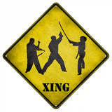 Three Martial Artists Practicing With Weapons Xing Novelty Metal Crossing Sign 8.5" (MCX)