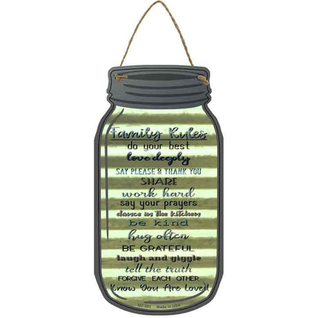 Family Rules List Corrugated Novelty Metal Mason Jar Sign