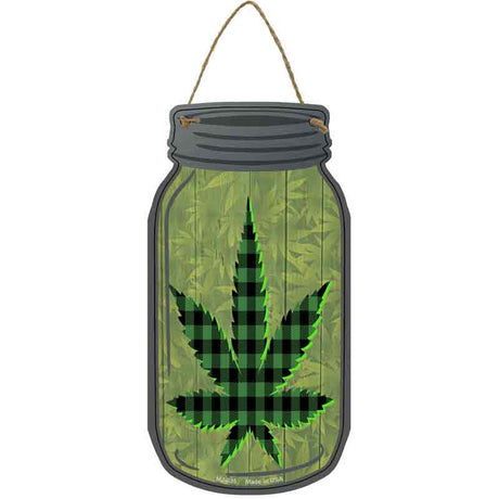 Weed Leaf Green Plaid Novelty Metal Mason Jar Sign