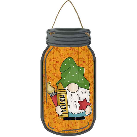 Gnome With Yellow Crayon Novelty Metal Mason Jar Sign