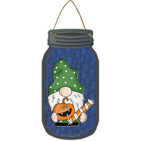 Gnome With Pumpkin and Candy Novelty Metal Mason Jar Sign