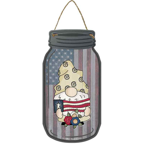 Gnome With American Flag and Flowers Novelty Metal Mason Jar Sign