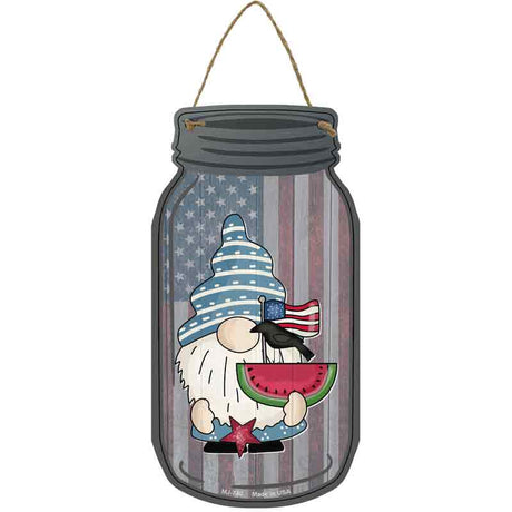 Gnome With Watermelon and Flag Novelty Metal Mason Jar Sign