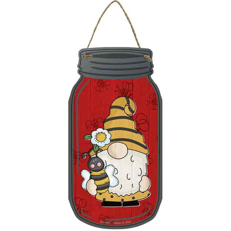 Gnome With Bee Red Novelty Metal Mason Jar Sign