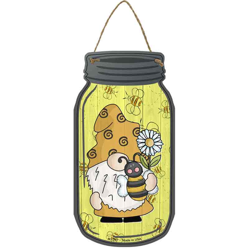 Gnome With Bee Yellow Novelty Metal Mason Jar Sign