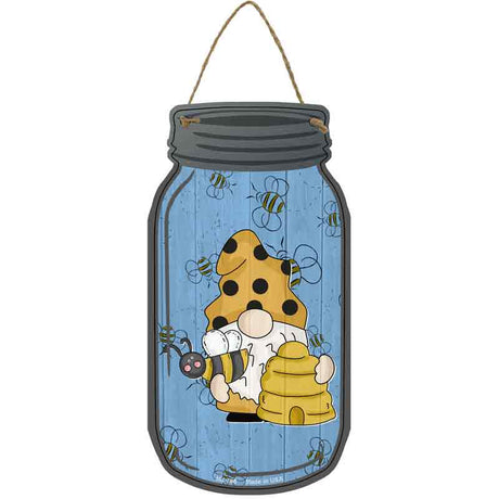 Gnome With Bee Hive Blue Novelty Metal Mason Jar Sign