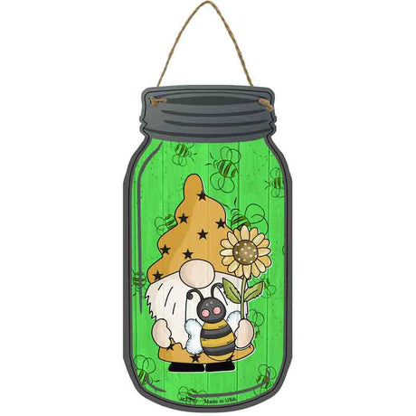 Gnome With Bee Green Novelty Metal Mason Jar Sign