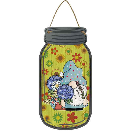 Gnome With Blue Flowers Novelty Metal Mason Jar Sign