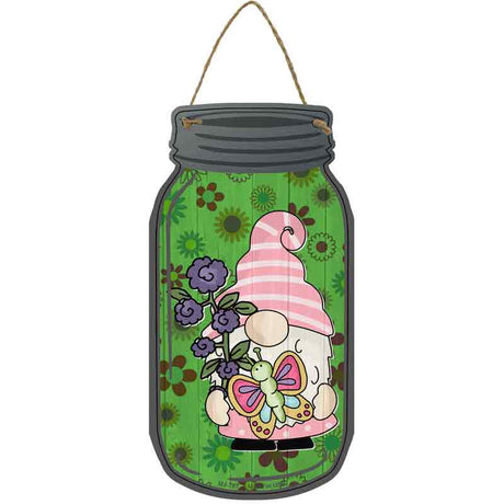 Gnome With Flowers and Butterfly Novelty Metal Mason Jar Sign