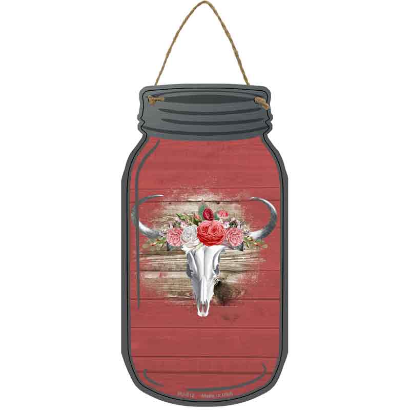 Cow Skull Red Novelty Metal Mason Jar Sign