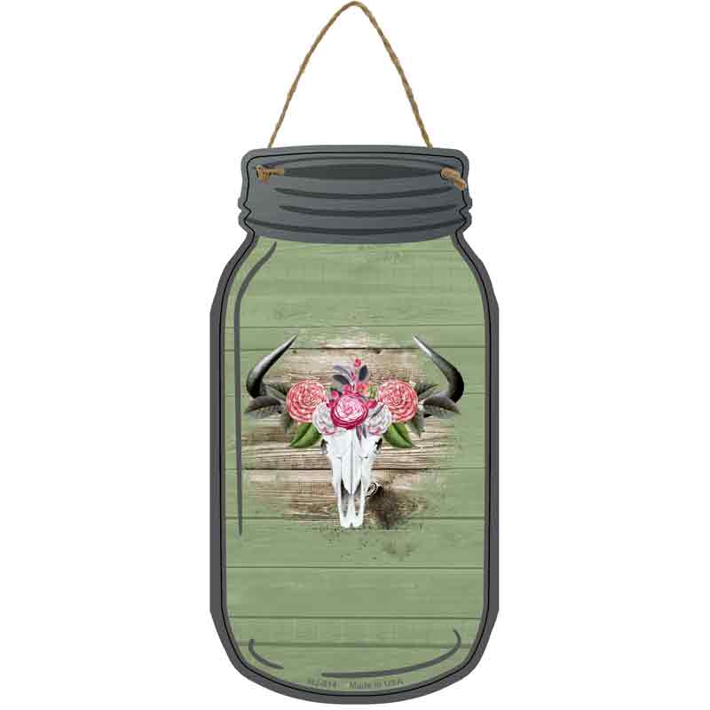 Cow Skull Green Novelty Metal Mason Jar Sign